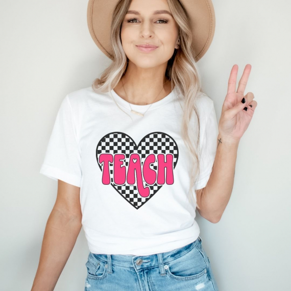Checkered Heart Teach Teacher T-shirt
