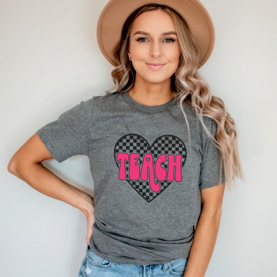 Checkered Heart Teach Teacher T-shirt