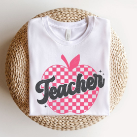Checkered Apple Teacher Distressed Teacher T-shirt