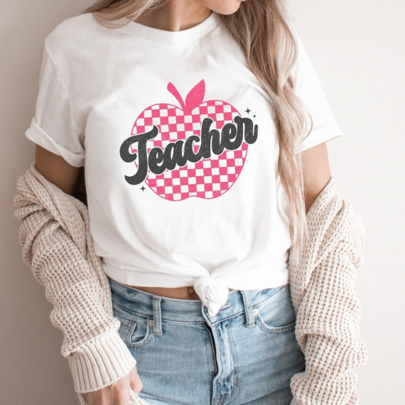 Checkered Apple Teacher Distressed Teacher T-shirt