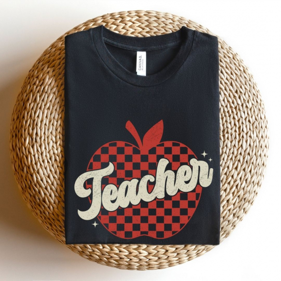 Checkered Apple Teacher Distressed Teacher T-shirt