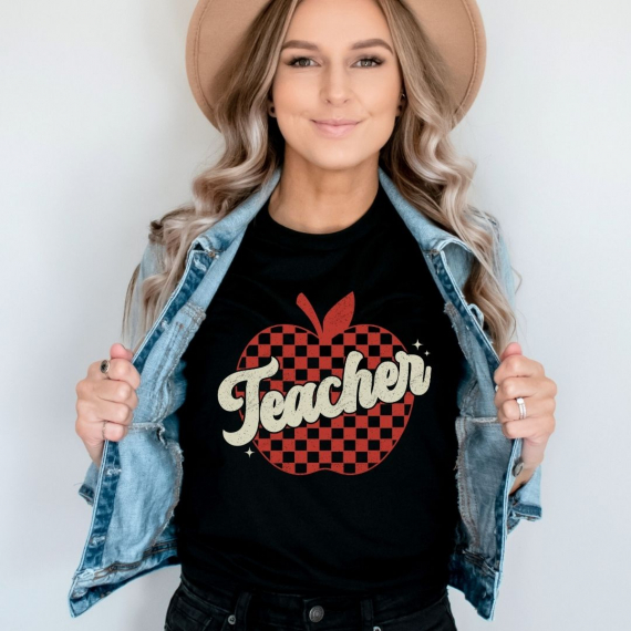 Checkered Apple Teacher Distressed Teacher T-shirt
